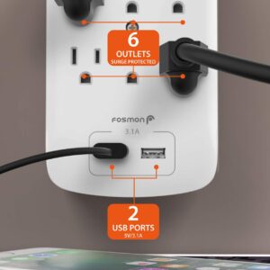 Fosmon 6 Outlet Surge Protector 1200 Joules with 2 USB Ports Charger (3.1A), Multi Plug Outlet Extender 1875 Watt, 3-Prong Grounded Wall Tap Adapter