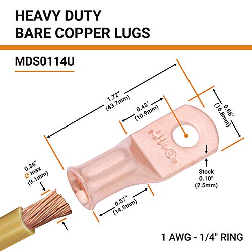 SELTERM 25pcs 1 AWG 1/4" Stud Battery Lugs, Ring Terminals, Heavy Duty Copper Wire Lugs, Battery Cable Ends, 1 Gauge Ring Terminal Connectors, UL Bare Copper Eyelets Electrical Battery Cable Lugs