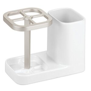 idesign sedona ceramic toothbrush and toothpaste holder for bathroom vanity countertop or medicine cabinet -5.75" x 3.10" x 4.49", satin white/nickel
