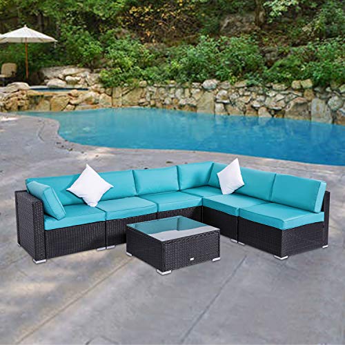 Kinsunny Peach Tree 7 PCs Outdoor Patio Furniture Sets PE Rattan Wicker Sofa Sectional Furniture Set with 2 Pillows and Tea Table