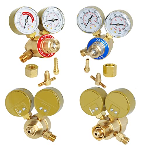 iMeshbean® OXYGEN & ACETYLENE Welding Regulators Solid Brass Gas Gauges for Victor Gas Torch Cutting Welder Kit (Oxygen and Acetylene Regulators)