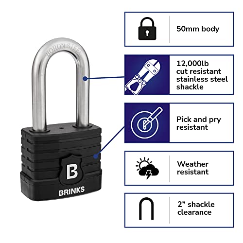 BRINKS - 50mm Commercial Laminated Steel Weather Resistant Padlock with 2” Shackle - TPE Wrapped and Hardened Boron Steel Shackle, Black