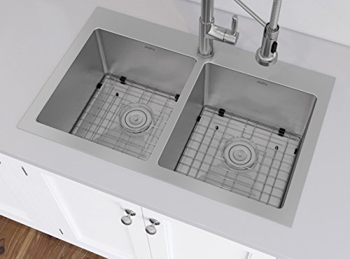 Ancona 30-inch Handmade Prestige Series Double Basin Drop-in Kitchen Sink with Grids and Strainers | 1-Hole 50/50 | Stainless Steel