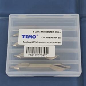 TEMO 5 pc Lathe Mill Combined Center Drill 60 Degree Countersink (Sizes 1# 2# 3# 4# 5#)