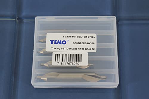 TEMO 5 pc Lathe Mill Combined Center Drill 60 Degree Countersink (Sizes 1# 2# 3# 4# 5#)