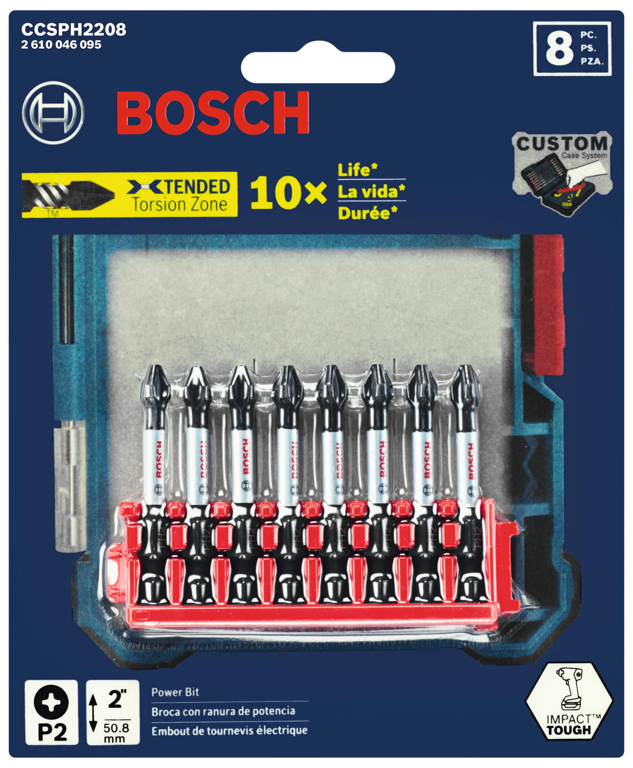 BOSCH CCSPH2208 8-Pack 2 In. Impact Tough Phillips P2 Power Bits with Clip for Custom Case System