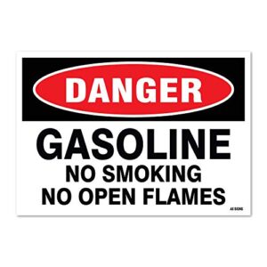 danger: gasoline no smoking no open flames, 7" high x 10" wide, black/red on white, self adhesive vinyl sticker, indoor and outdoor use, rust free, uv protected, waterproof