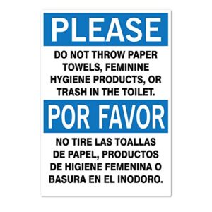 please: do not throw paper or trash in toilet, bilingual sign, 5" high x 3.5" wide, black/blue on white, self adhesive vinyl sticker, indoor and outdoor use, rust free, uv protected, waterproof