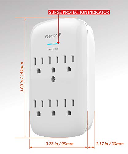 6 Outlet Wall Mount Surge Protector, Fosmon 3-Prong Surge Suppression 1200 Joules, 15A 125VAC 60Hz 1875Watts Wall Outlet Adapter, Grounded LED, ETL Listed - White