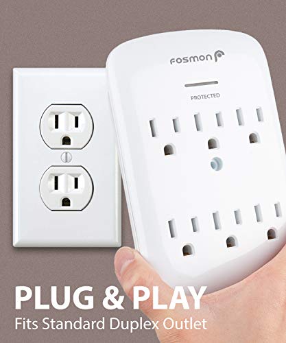 6 Outlet Wall Mount Surge Protector, Fosmon 3-Prong Surge Suppression 1200 Joules, 15A 125VAC 60Hz 1875Watts Wall Outlet Adapter, Grounded LED, ETL Listed - White