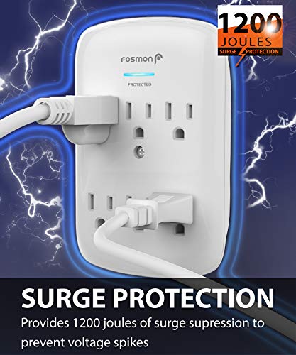 6 Outlet Wall Mount Surge Protector, Fosmon 3-Prong Surge Suppression 1200 Joules, 15A 125VAC 60Hz 1875Watts Wall Outlet Adapter, Grounded LED, ETL Listed - White
