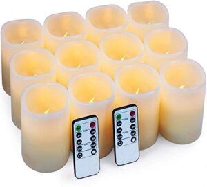 enpornk set of 12 flameless candles battery operated led pillar real wax electric unscented fake candles with remote control cycling 24 hours timer, ivory color (d:3" x h:4")