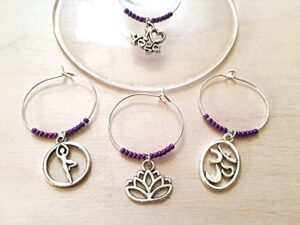 yoga wine charms, i love yoga, yoga gift, namaste, ohm, lotus flower, tree pose, purple beads, wine charm set.