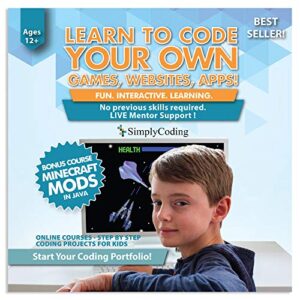 coding for kids - learn to code - program computer games, websites, apps, minecraft mods (ages 12+) - programming animation design software - 1 year membership gift card (pc & mac) 45 days prepaid