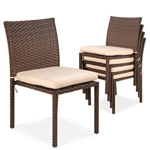 best choice products set of 4 stackable outdoor patio wicker chairs w/cushions, uv-resistant finish, and steel frame - brown/cream