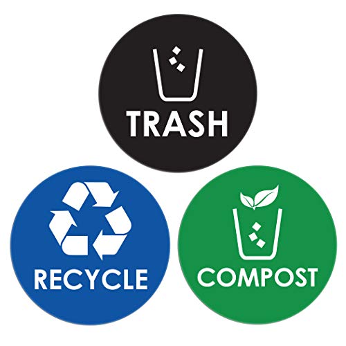 Recycle and Trash Can Compost Sticker - 4"x4" Adhesive Round Labels - 6 Pack Bundle Set - Indoor Home Kitchen & Office Disposal Bins (Pixelverse Design)