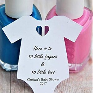 10 tags ~ Tag Only ~ Here is to 10 little fingers & 10 little toes ~ baby shower ~ nail polish thank you ~ onesie gift tags ~ 2"