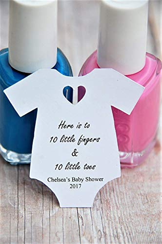 10 tags ~ Tag Only ~ Here is to 10 little fingers & 10 little toes ~ baby shower ~ nail polish thank you ~ onesie gift tags ~ 2"