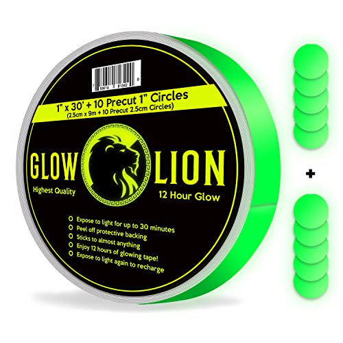 Glow Lion Glow in The Dark Tape Outdoor & Indoor for Safety, Decals & Decorations — 30' x 1'' roll of Vinyl Green Fluorescent Adhesive Tape, Waterproof & photoluminescent, Sticks to Walls & Stairs