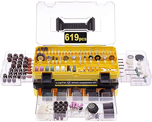 Rotary Tool Accessories Kit, Longmate 619 Piece 1/8 Inch Shanks Electric Tool Accessories for Easy Drilling, Cutting, Grinding, Sanding, Sharpening, Carving and Polishing