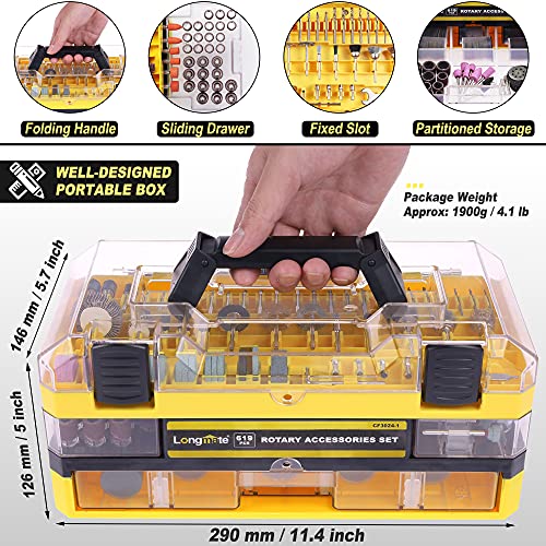 Rotary Tool Accessories Kit, Longmate 619 Piece 1/8 Inch Shanks Electric Tool Accessories for Easy Drilling, Cutting, Grinding, Sanding, Sharpening, Carving and Polishing