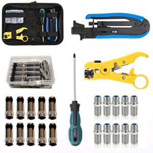 gaobige coax cable crimper tool kit, coaxial compression tool for rg6 rg59 rg11 with 1 wire stripper, 10pcs f male rg6 connectors and 10pcs female to female rg6 connectors, 1 screwdriver