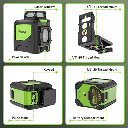 Huepar 901CG Self-Leveling Laser Level, 360 Green Beam Cross Line Laser Tool, Alignment 360-Degree Horizontal Line with Pluse Mode, Magnetic Pivoting Base Included