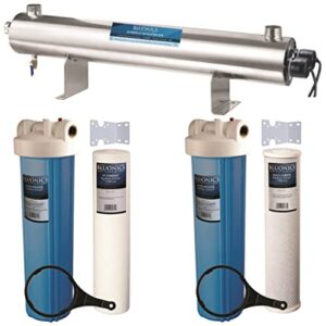 bluonics 110w uv water ultraviolet sterilizer 24gpm plus sediment and carbon well water purifier system size 4.5" x 20" filters for large home and commercial
