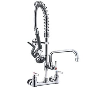 imlezon commercial wall mount kitchen sink faucets brass constructed polished chrome pre-rinse device 25" height 8" center with coilded spring pull down sprayer and 12" add-on spout