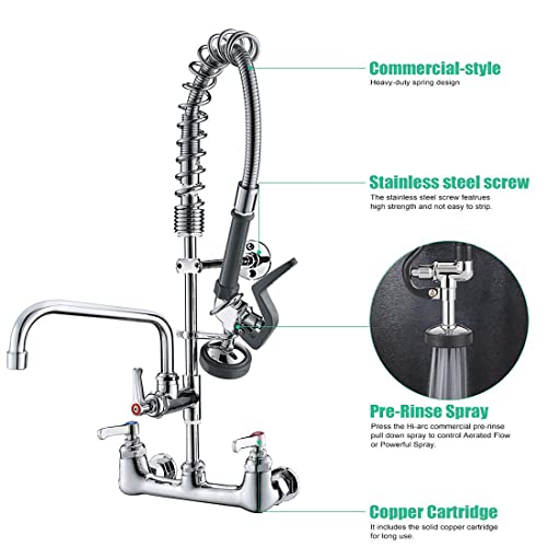 IMLEZON Commercial Wall Mount Kitchen Sink Faucets Brass Constructed Polished Chrome Pre-Rinse Device 25" Height 8" Center with Coilded Spring Pull Down Sprayer and 12" Add-on Spout