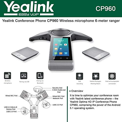 Yealink CP960-WirelessMic Conference IP Phone, 2 Wireless Expansion Microphones. 5-Inch Color Touch Screen. 802.11ac Wi-Fi, 802.3af PoE, Power Adapter Not Included