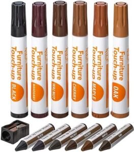 katzco furniture repair kit wood markers - set of 13 - markers and wax sticks with sharpener - for stains, scratches, floors, tables, desks, carpenters, bedposts, touch-ups, cover-ups