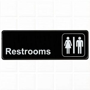 restrooms sign - black and white, 9 x 3-inches restrooms sign for door/wall, restroom signs/bathrooms signs by tezzorio