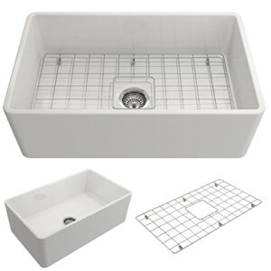 bocchi classico farmhouse apron front fireclay 30 in. single bowl kitchen sink with protective bottom grid and strainer in white