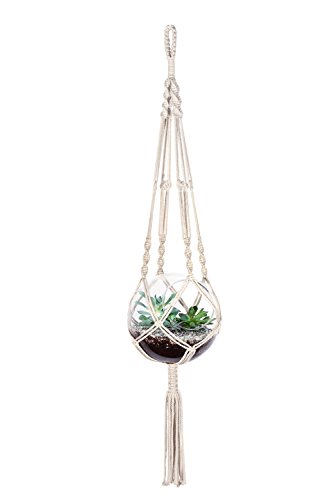 Mkono Macrame Plant Hangers Indoor Outdoor Hanging Planter Basket Cotton Rope 4 Legs 41 Inch, 2 Pack, Ivory