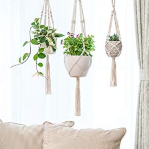 Mkono Macrame Plant Hangers Indoor Outdoor Hanging Planter Basket Cotton Rope 4 Legs 41 Inch, 2 Pack, Ivory