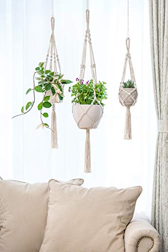 Mkono Macrame Plant Hangers Indoor Outdoor Hanging Planter Basket Cotton Rope 4 Legs 41 Inch, 2 Pack, Ivory