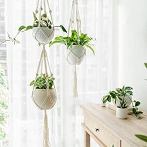 Mkono Macrame Plant Hangers Indoor Outdoor Hanging Planter Basket Cotton Rope 4 Legs 41 Inch, 2 Pack, Ivory