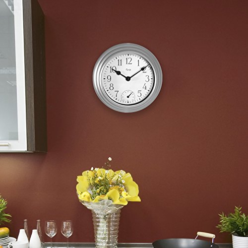 Equity 29007 Quartz Wall Clock with Temperature, 8", Metallic Silver,8 x 1.6 x 8 inches