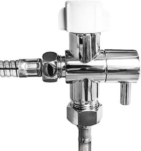 geniebidet hybrid leak-stop chromed brass 3-way t adapter with on/off. simple hand-nut install. resists cross-threading your plastic toilet fill valve.