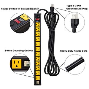CRST 12-Outlet Heavy-Duty Power Strip with 15 Amps, 15-Foot Power Cord for Kitchen, Office, School (UL Listed)