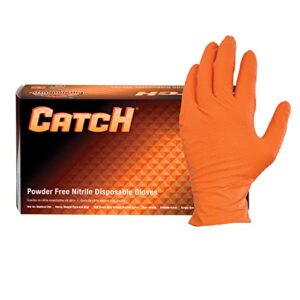 Adenna CAT455 Catch 9 mil Powder-Free Nitrile Gloves, Raised Grip, Orange, Medium, Box of 100