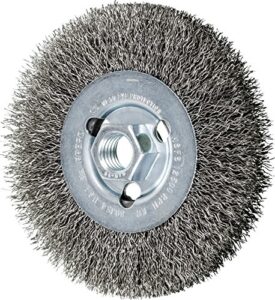 pferd 80354 crimped wheel brush, stainless steel wire, 4-1/2" diameter, 5/8-11 thread, 0.014 wire size, 15/16" trim length, 1/2" face width, 12500 rpm