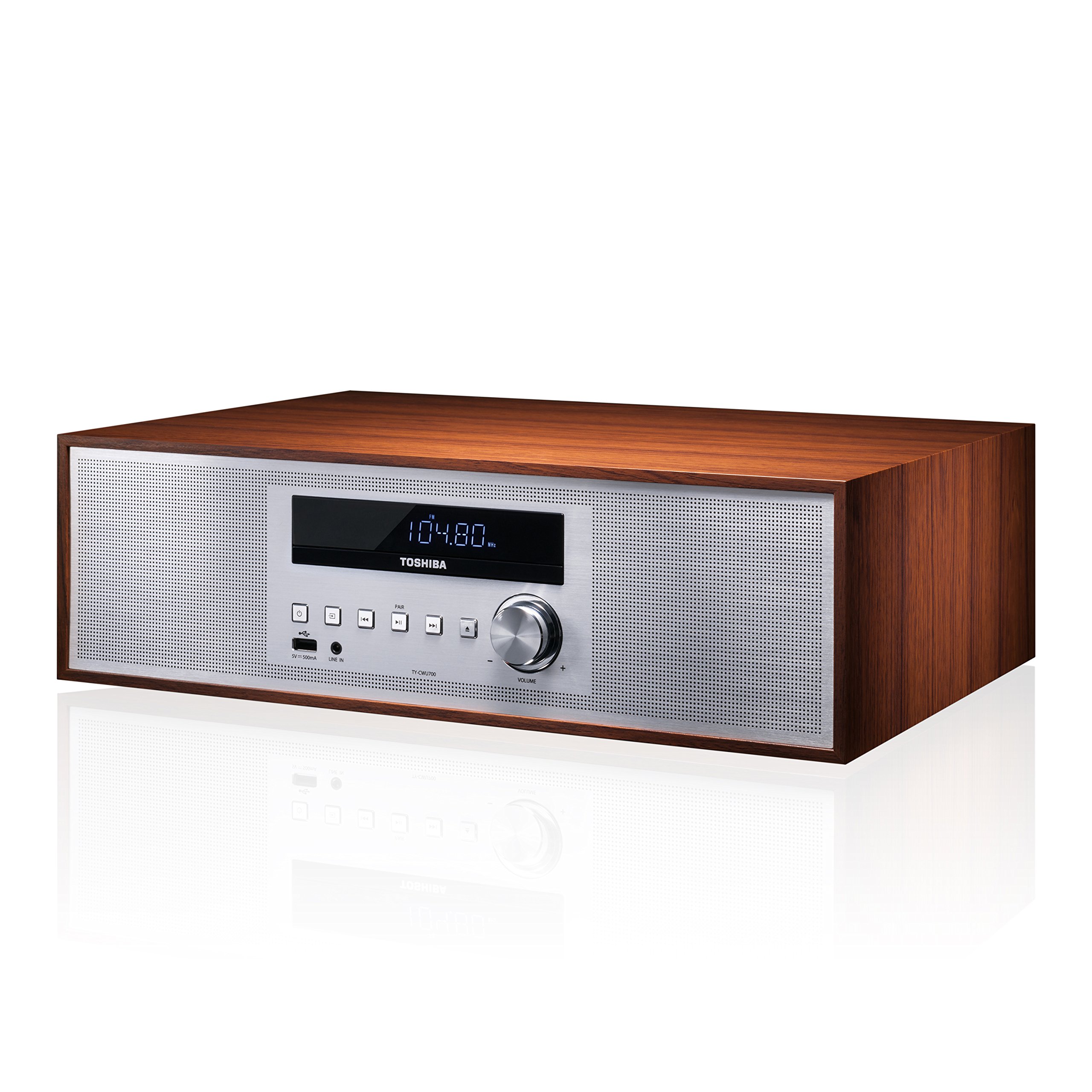 Toshiba TY-CWU700 Vintage Style Retro Look Micro Component Wireless Bluetooth Audio Streaming & CD Player Wood Speaker System + Remote, USB Port for MP3 Playback, FM Stereo Digital Tuner, AUX Input