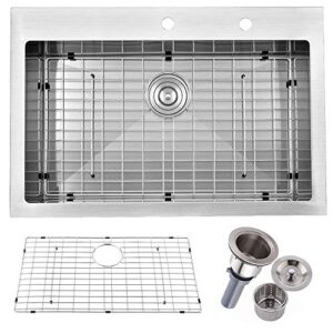 friho 33"x 22" inch drop-in stainless steel kitchen sink,brushed nickel topmount kitchen sinks,sus304 commercial handmade 18 gauge single bowl large basin with dish grid and basket strainer