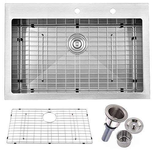 Friho 33"x 22" Inch Drop-in Stainless Steel Kitchen Sink,Brushed Nickel Topmount Kitchen Sinks,SUS304 Commercial Handmade 18 Gauge Single Bowl Large Basin With Dish Grid and Basket Strainer