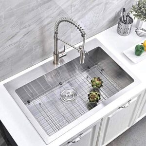 Friho 33"x 22" Inch Drop-in Stainless Steel Kitchen Sink,Brushed Nickel Topmount Kitchen Sinks,SUS304 Commercial Handmade 18 Gauge Single Bowl Large Basin With Dish Grid and Basket Strainer