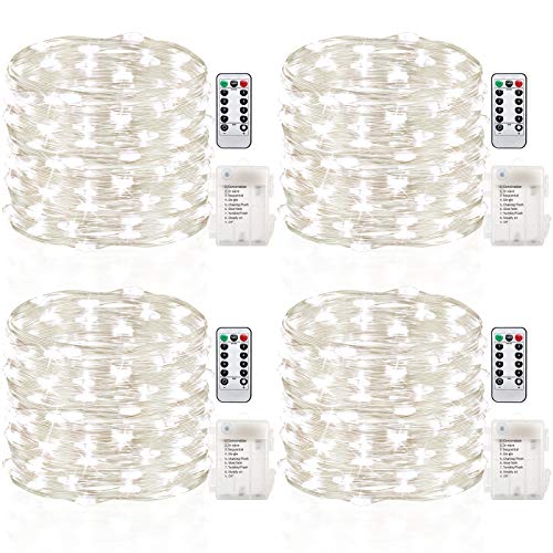 GDEALER 4 Pack 16.4 Feet 50 Led Fairy Lights Battery Operated with Remote Control Timer Waterproof Copper Wire Twinkle String Lights for Bedroom Indoor Outdoor Wedding Dorm Decor Cool White