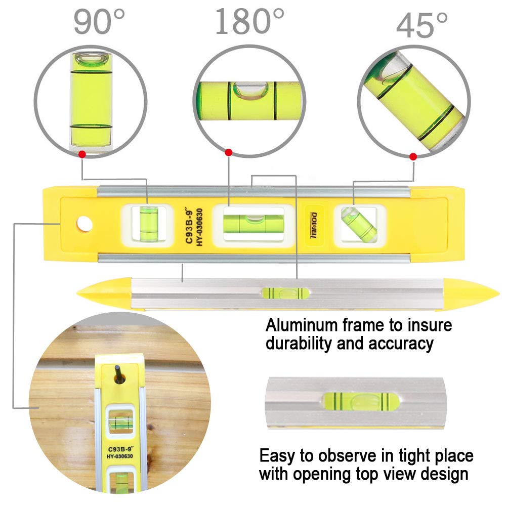 DOWELL 9 Inch Magnetic Box Level Torpedo Level,3 Different Bubbles/45°/90°/180°Measuring Shock Resistant Torpedo Level