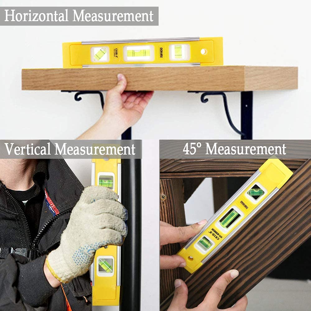 DOWELL 9 Inch Magnetic Box Level Torpedo Level,3 Different Bubbles/45°/90°/180°Measuring Shock Resistant Torpedo Level